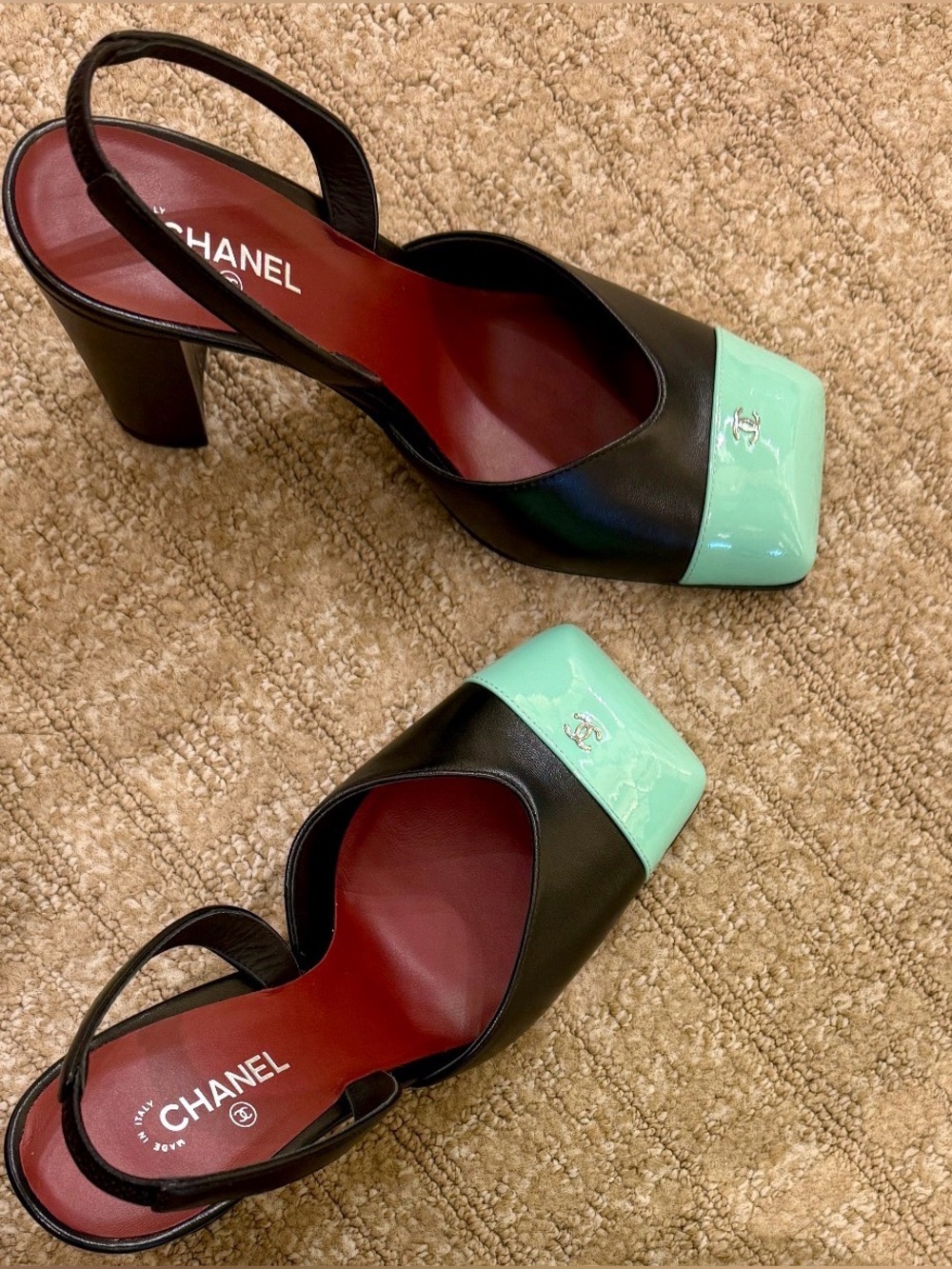 Chanel 26S Blazy Black Minty Green Square Cap Toe Sling Slingback Heel 37.5